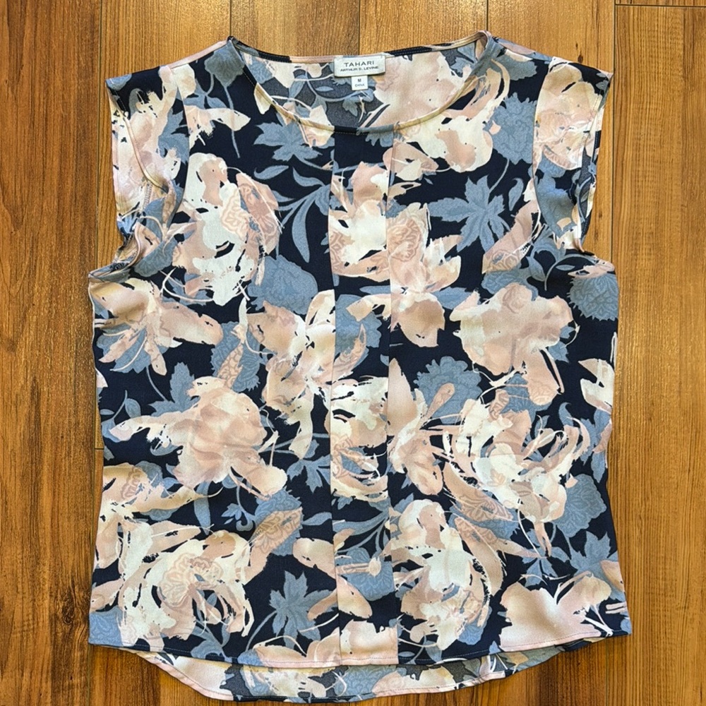 Tahari Pink & Blue Blouse with Floral Design